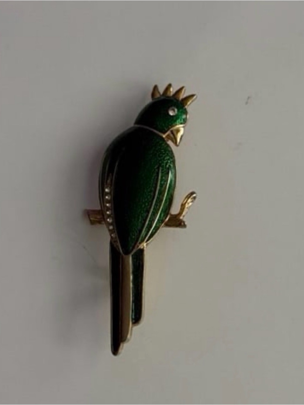 Shimmery Green Enamel and Gold Tone Parrot Perched on a Limb Pin